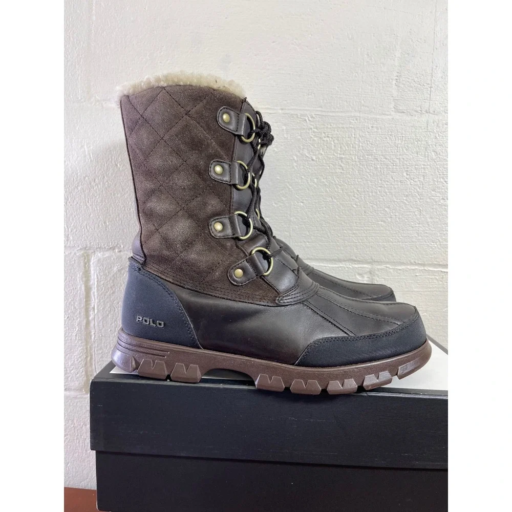 Polo Ralph Lauren Elias Brown Leather Shearling Quilted Boots Men's 10.5 D